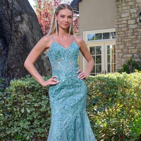 New Floral Lace Embellihsed Maxi Mermaid Tulle Dress w/ Lace Up Back GL3692 - Picture 8 of 14